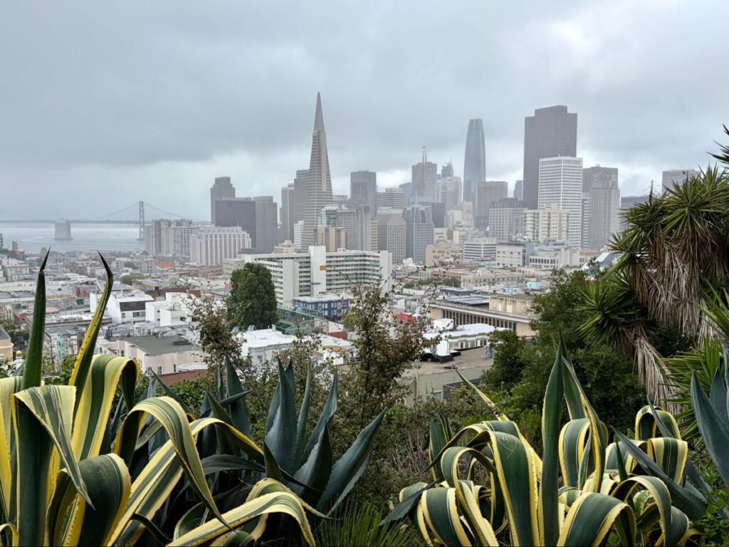 Views of downtown SF from Ina Coolbrith Park on a cloudy day