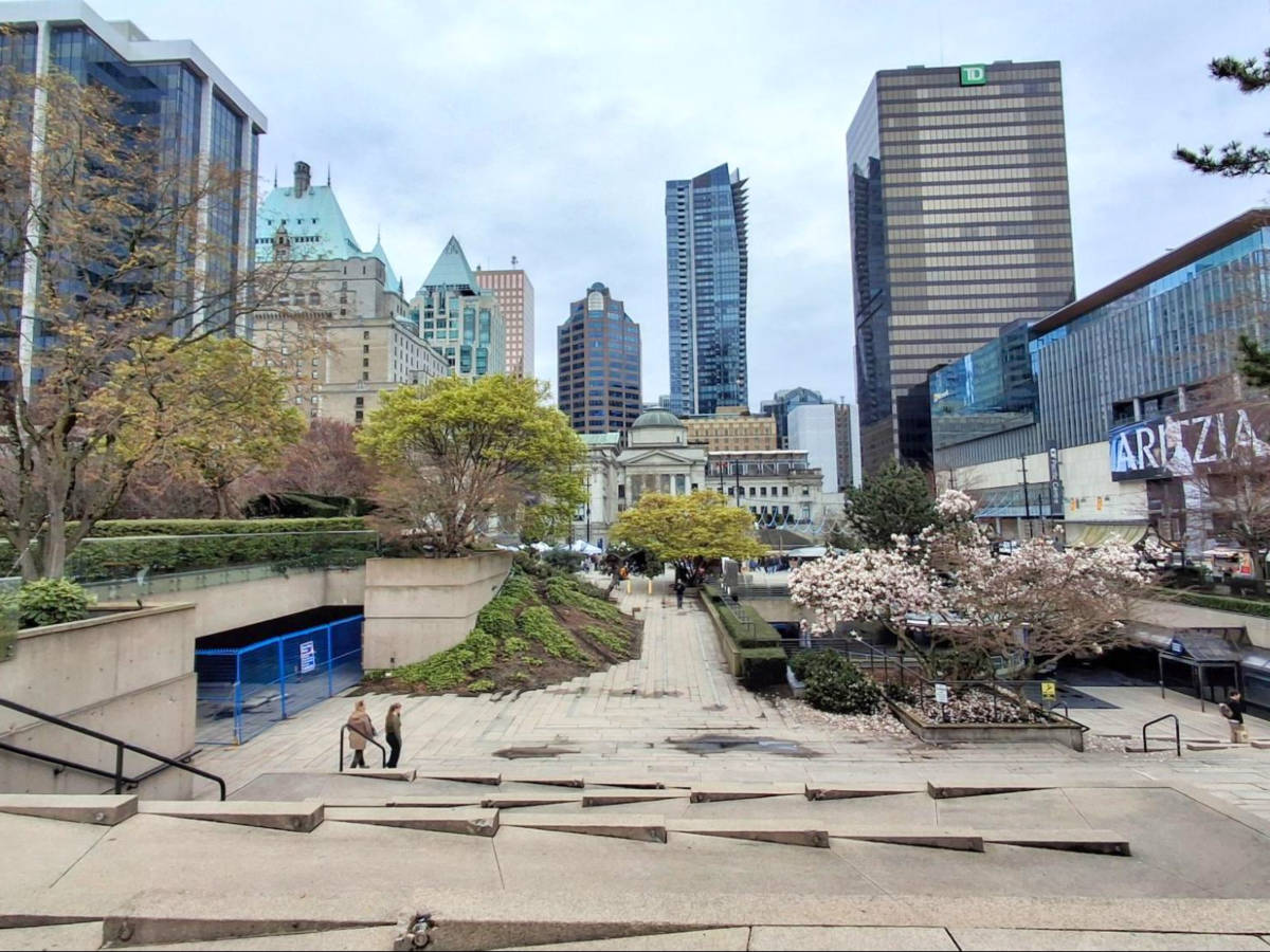 View of the Vancouver Art Gallery, and the Pacific Centre Mall from Robson Square