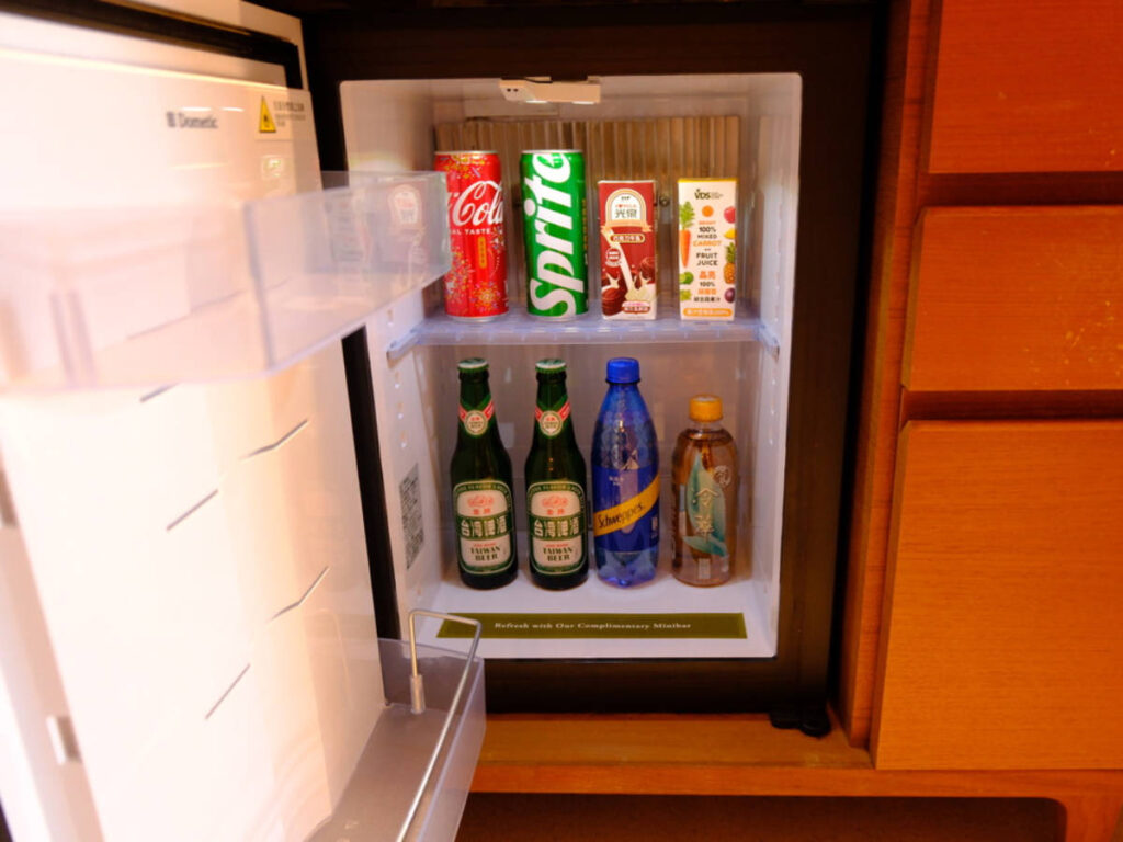 Variety of drinks inside the mini fridge