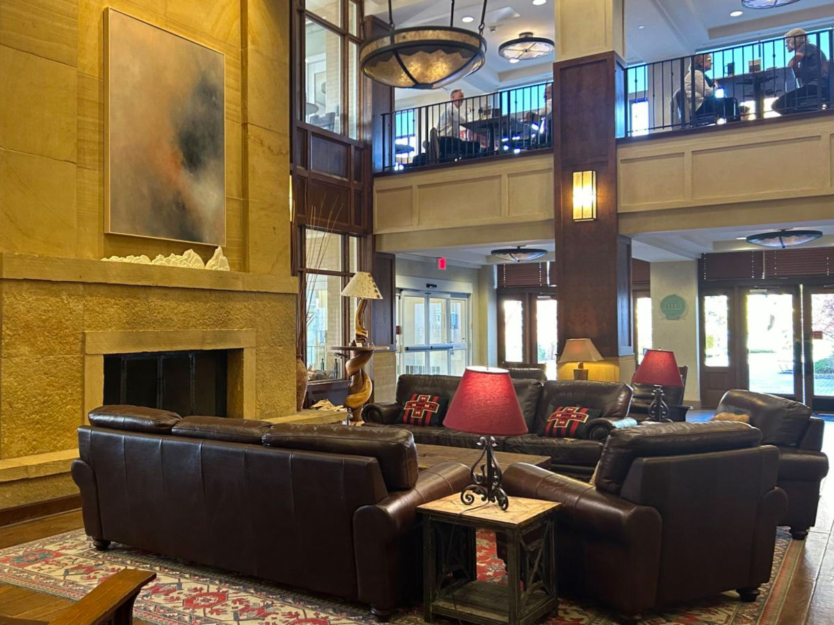 View of Drury Plaza Hotel’s lobby