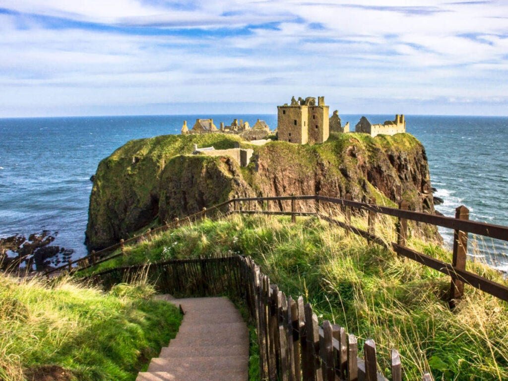 A footbridge leading to the majestic view of Dunnottar Castle