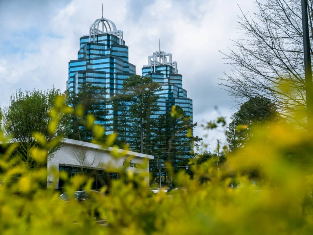 View of the King and Queen buildings behind the leaves in Dunwoody