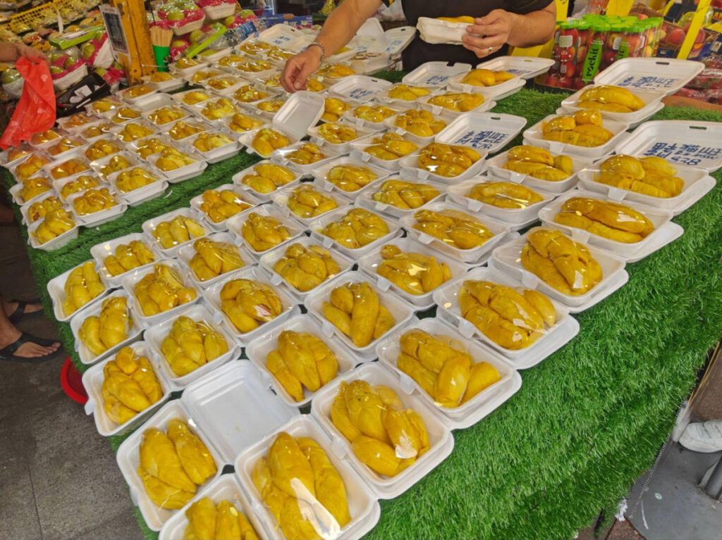 Ready to eat Durian fruit on display at Bugis Street market