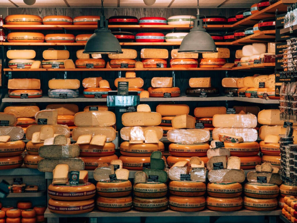 Interior of Alexanderhoeve cheese shop in Amsterdam filled with different types of cheese