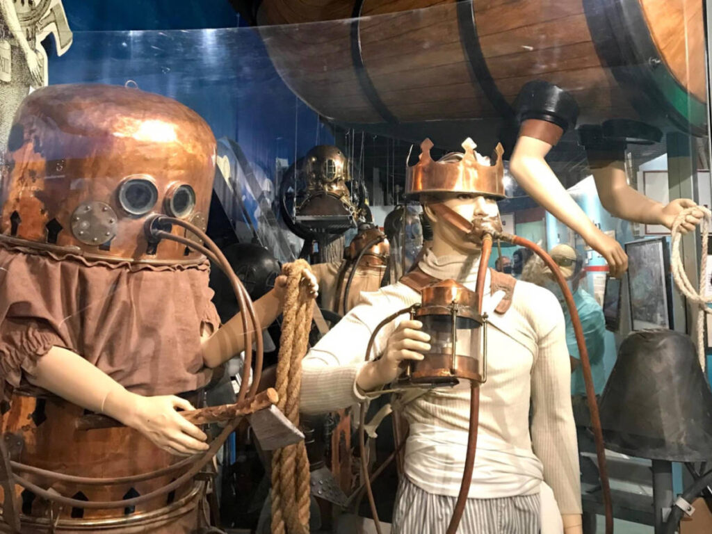 Closeup look of the displays of the early diving inventions at the History of Diving Museum