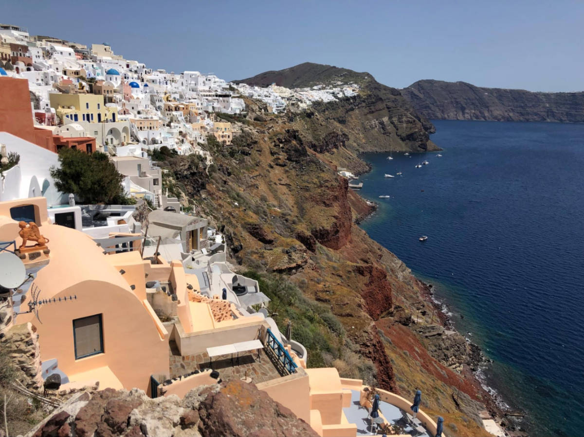 Scenic view of the whitewashed buildings along the Caldera in Oia