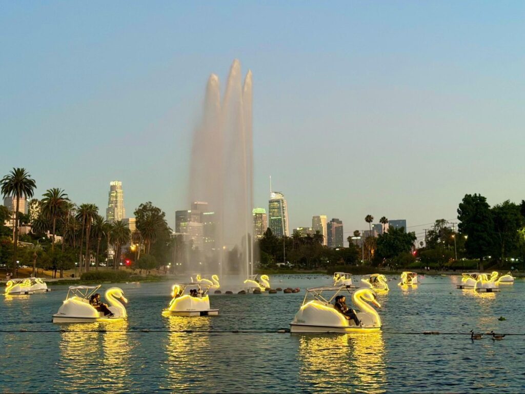 View of the Swan boats on Echo Park Lake