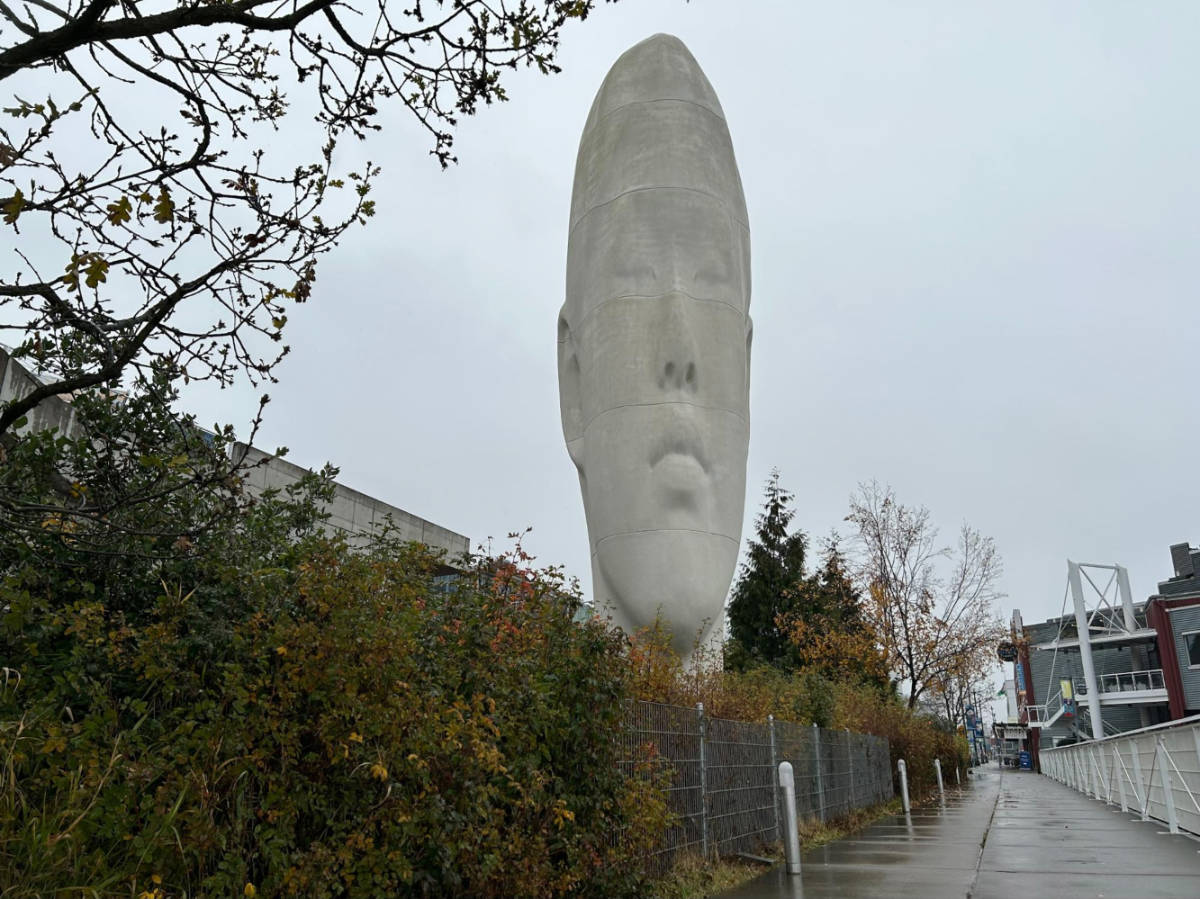 View of the Echo by Jaume Plensa sculpture from the street