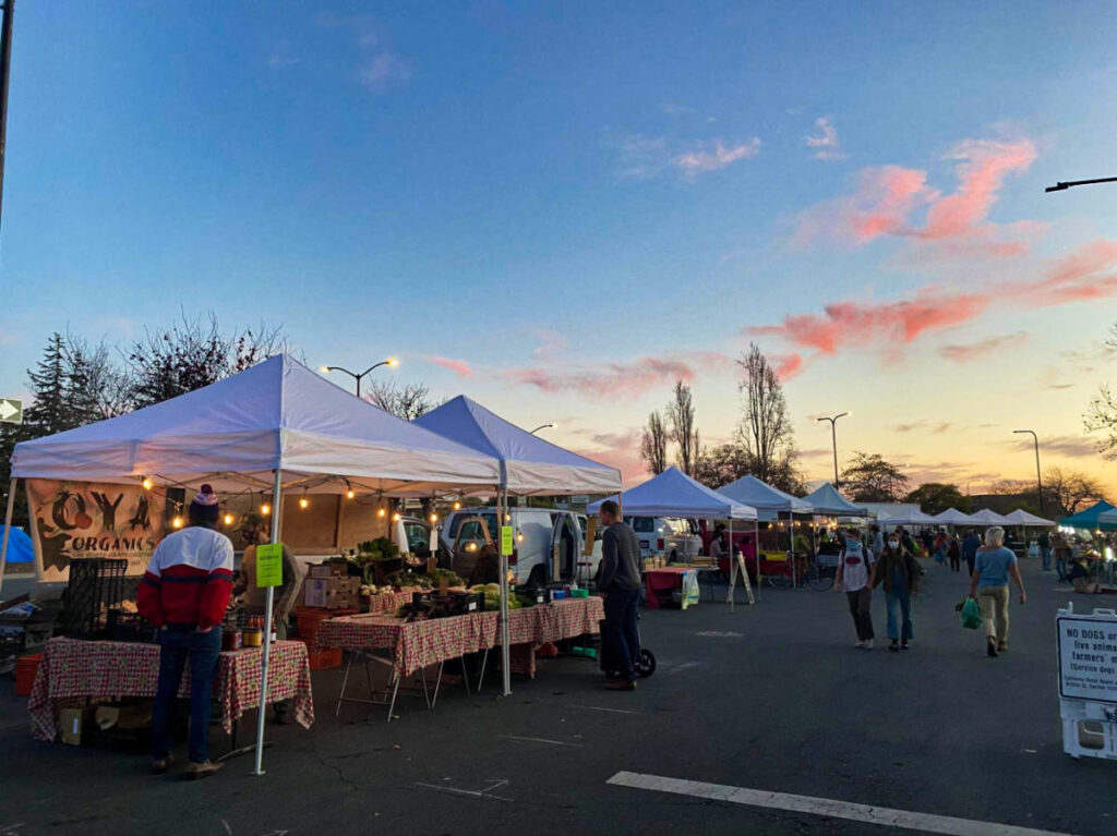 View of the people looking around the Ecology Center Farmers’ Market at sunset