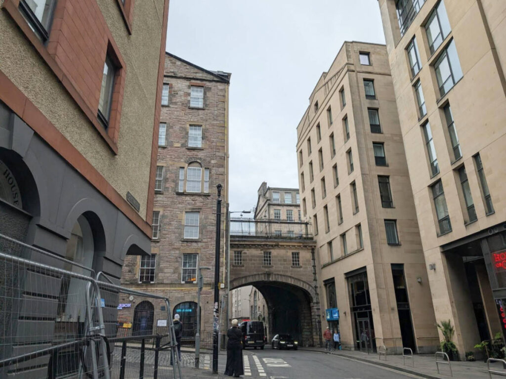 View of the road bridge and street in the Old Town of Edinburgh