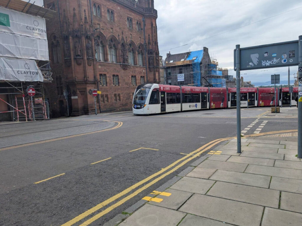 View of the tram in the street of Edinburgh
