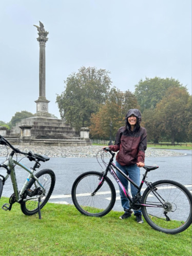 Editor Abigail with her bike at Phoenix Park during a rainy day