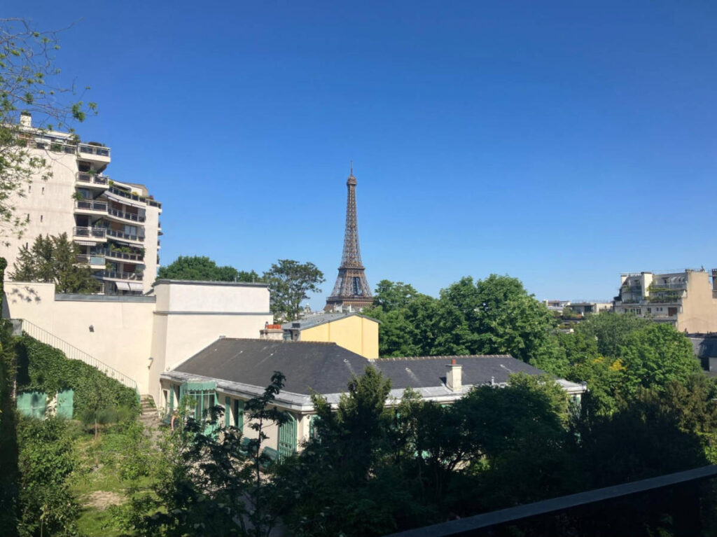 Distant view of the Eiffel Tower from La Muette