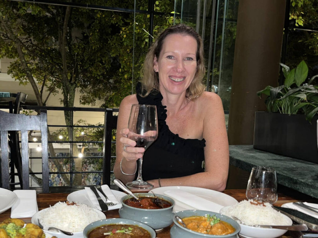 The author Elise Kirsten, enjoying a drink at the Bukhara