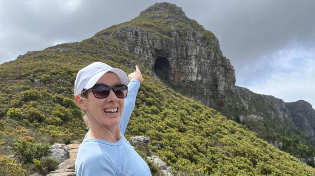 The author Elise Kirsten, pointing the Elephant’s Eye Cave