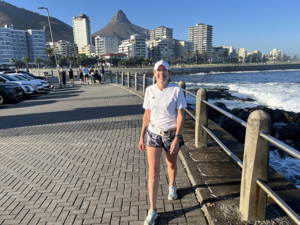 The author Elise Kirsten, walking along the Sea Point Promenade
