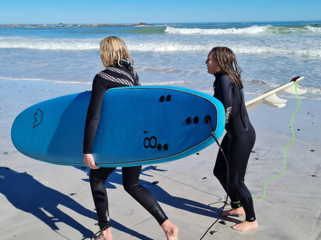 The author's daughter and a friend carrying surfboards at Blouberg Beach