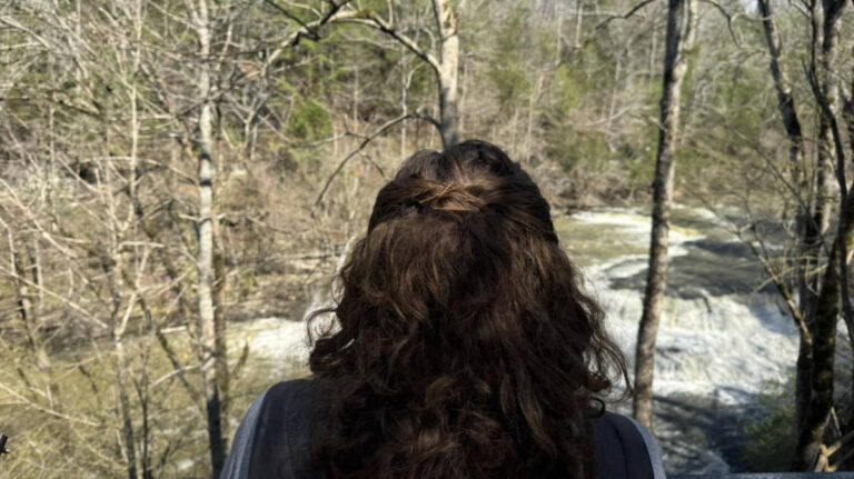 The author, Elizabeth Demolat at Burgess Falls State Park