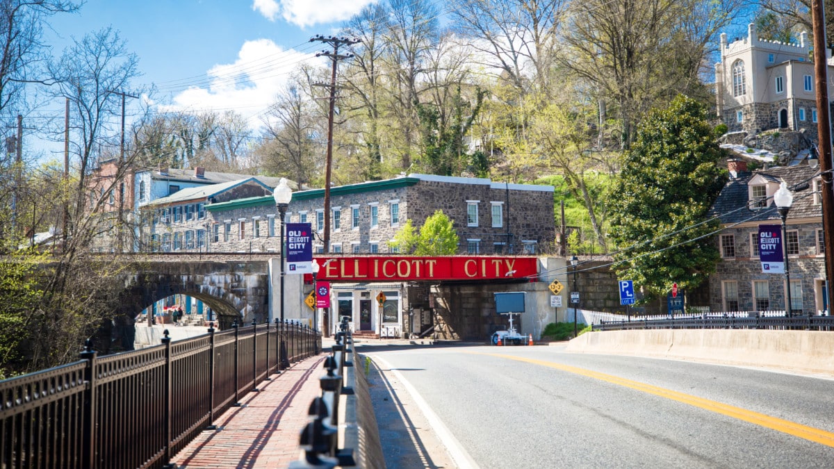 View of the empty road and the historic district of Ellicott City