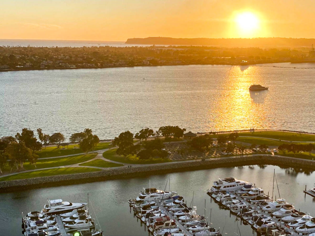 Aerial view of the marina and the Embarcadero park at sunset