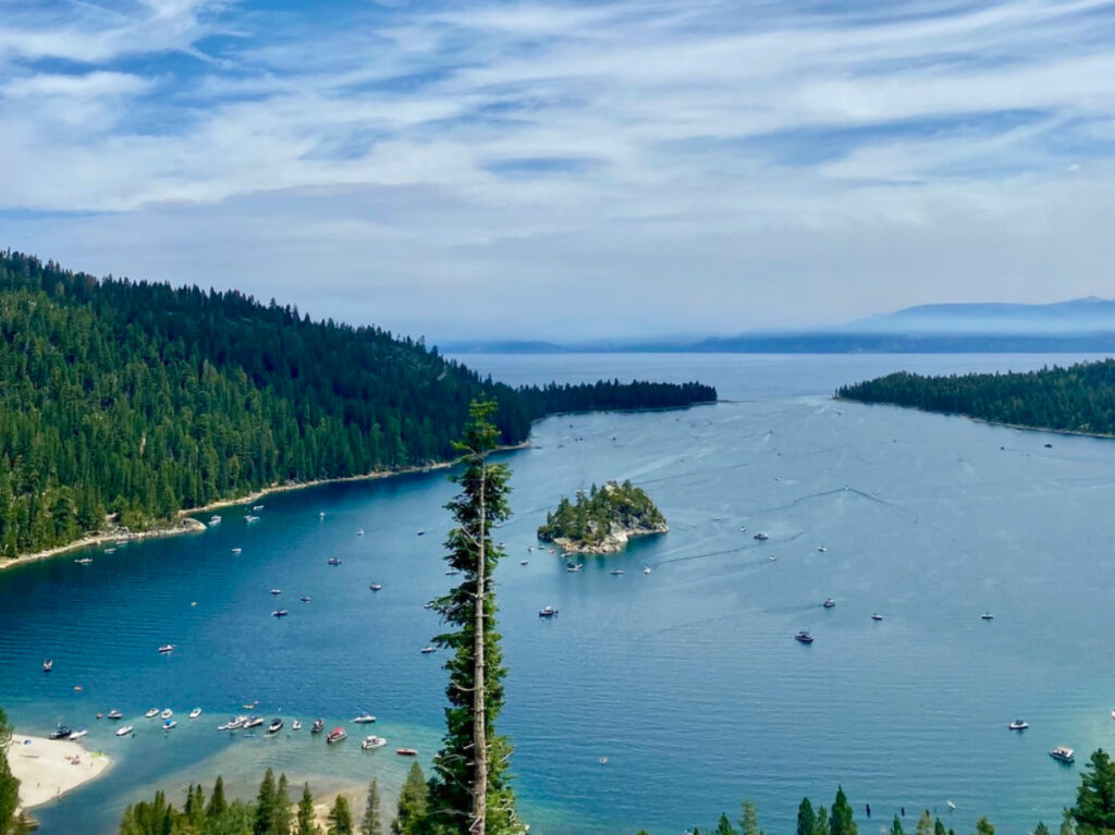 Scenic aerial view of the waters of Emerald Bay in Lake Tahoe