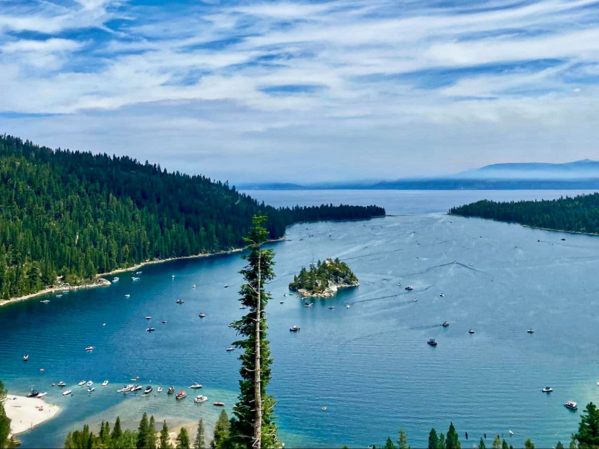 Aerial view of the lush Emerald Bay State Park in South Lake Tahoe