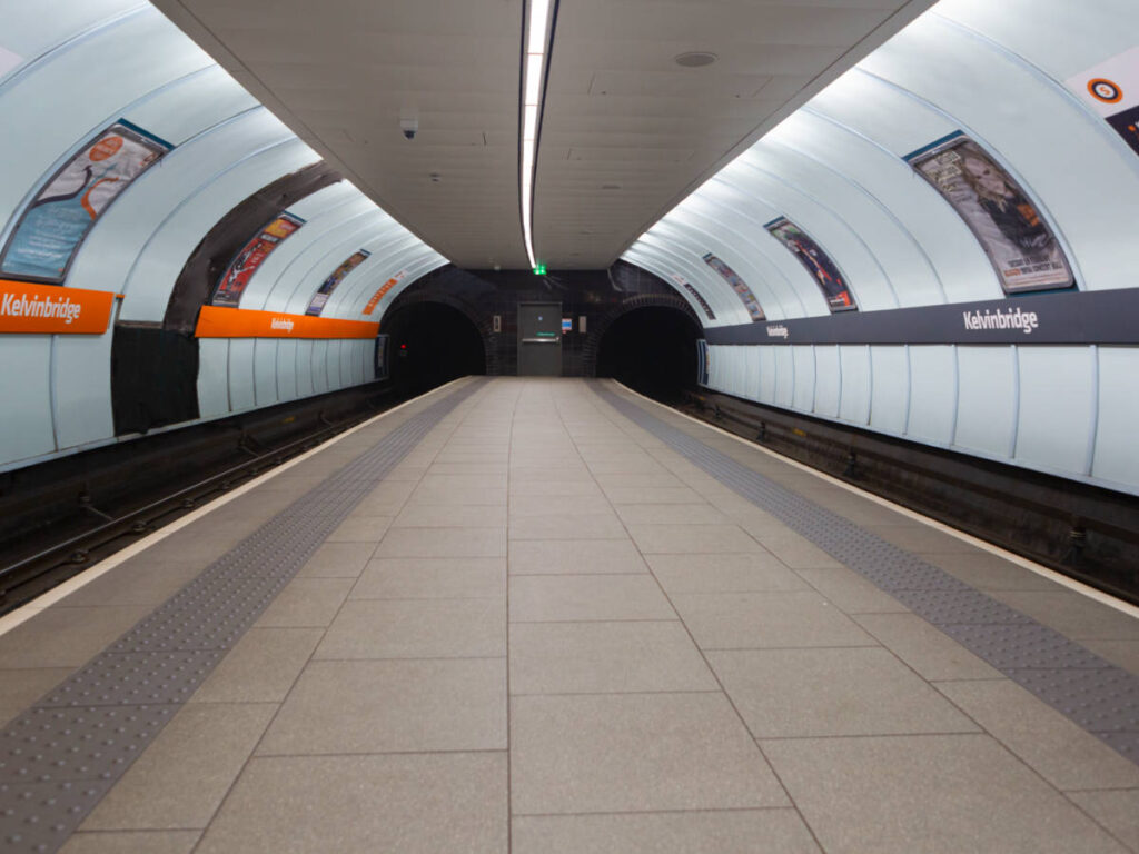 View of the empty platform of Glasgow Subway