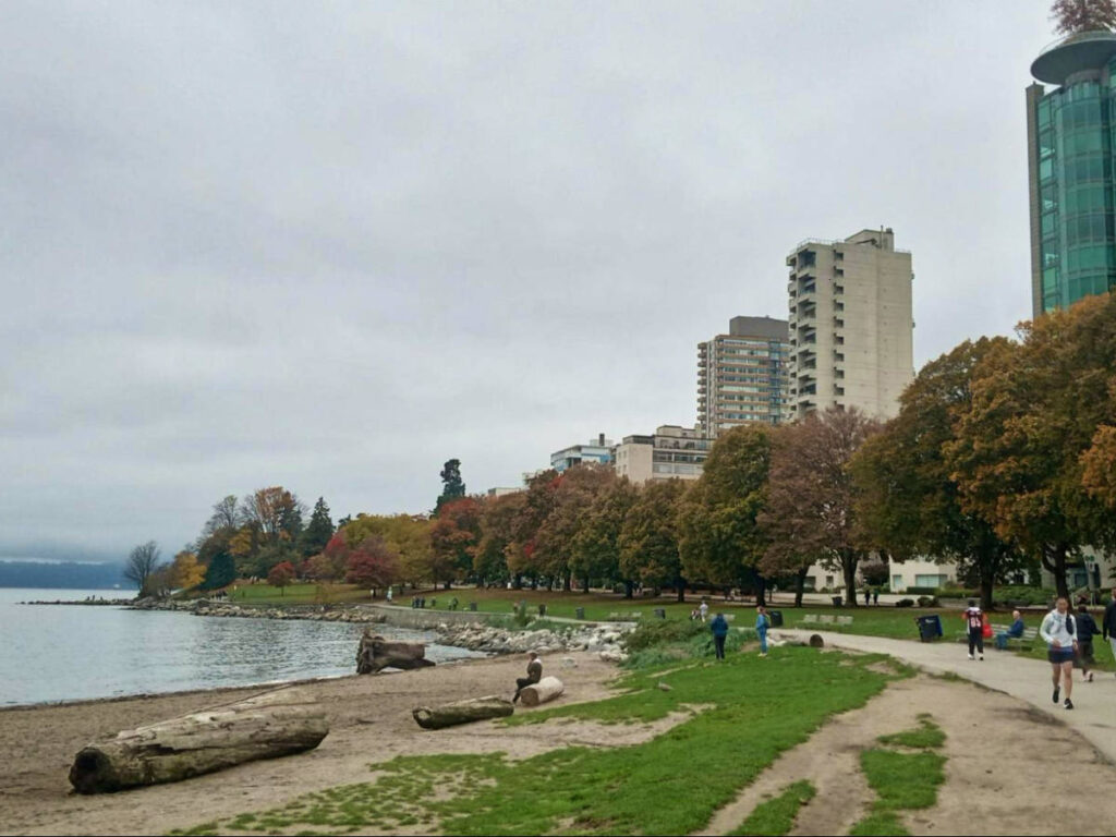 Panoramic view of the fall foliage in front of the skyline in English Bay