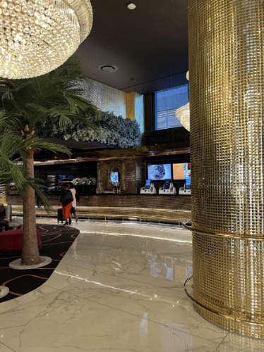 View of the glitzy entrance foyer of Hotel Sky