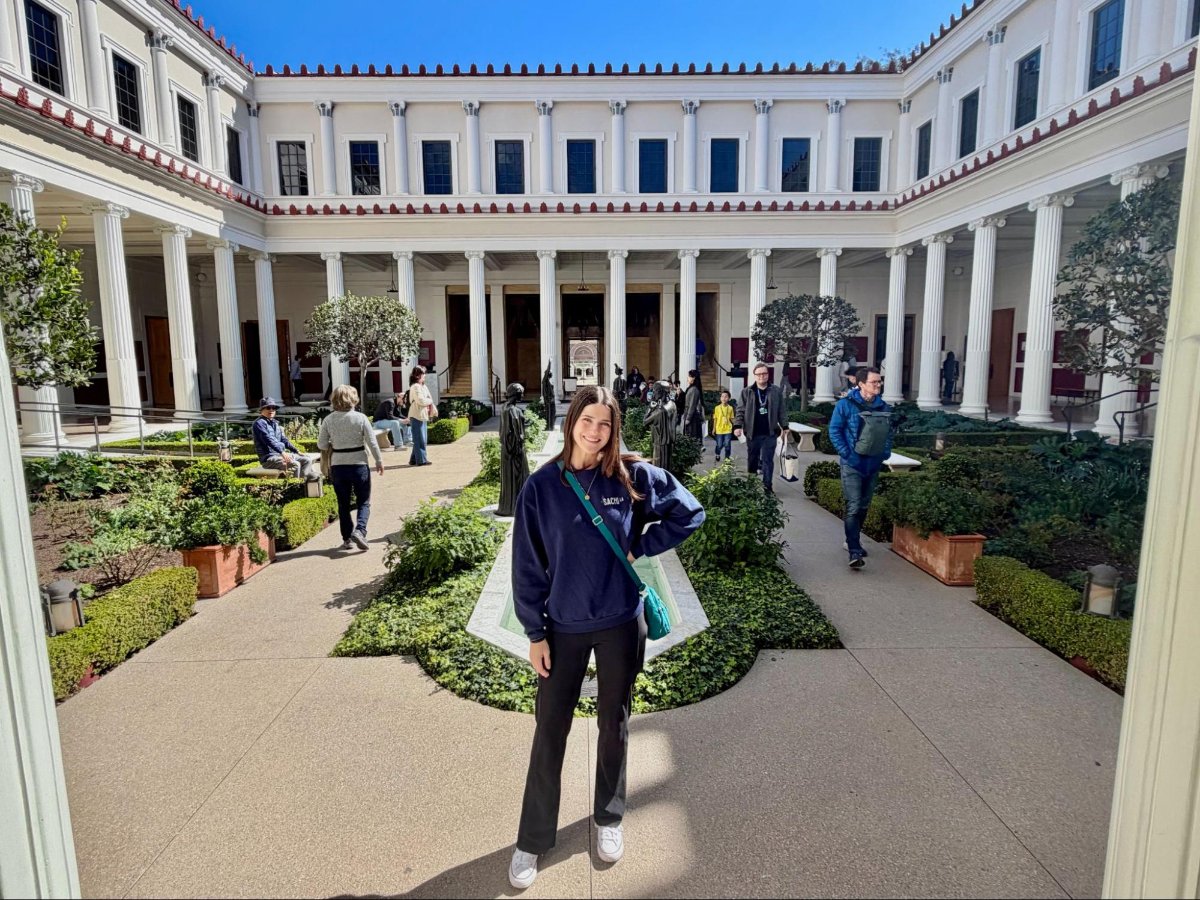 Author Betty in the entrance courtyard at the Getty Villa