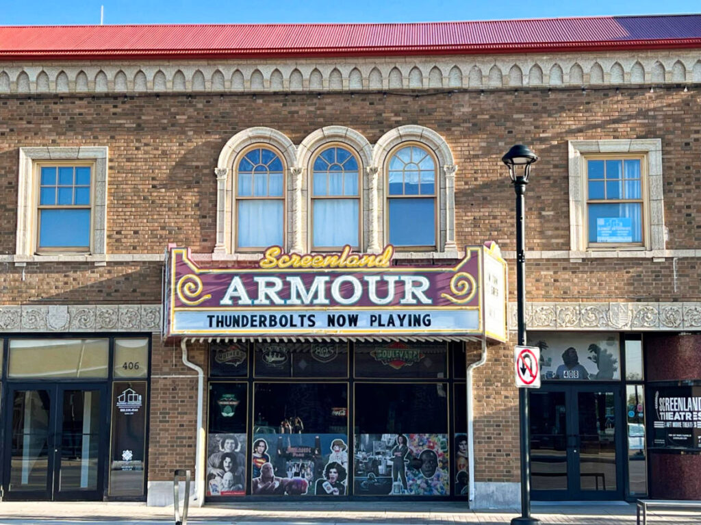Exterior and entrance view of the Screenland Armour Theatre