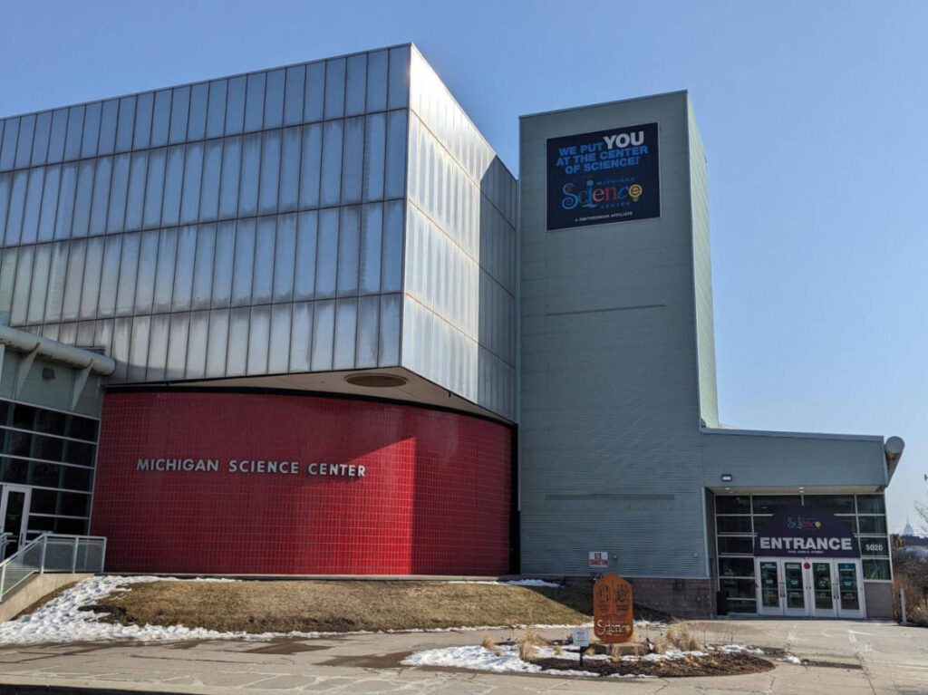 Exterior and entrance view of the Michigan Science Center