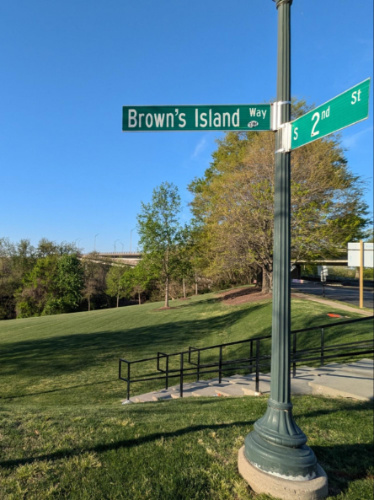 The street sign at the entrance to Brown’s Island