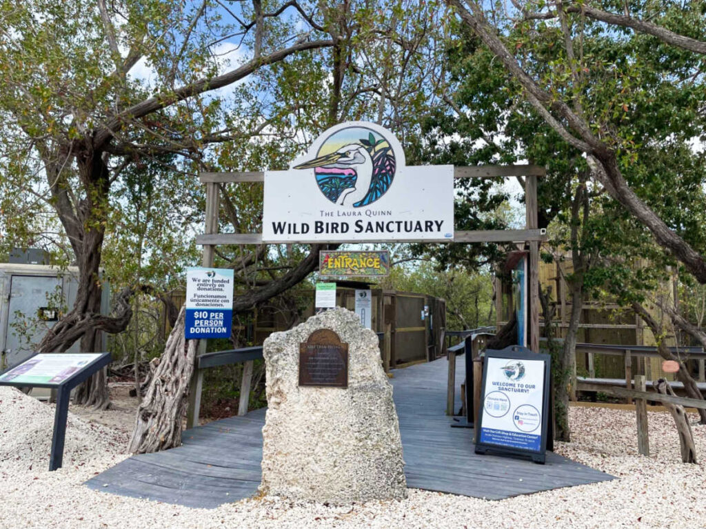View of the signage and entrance to the Wild Bird Sanctuary