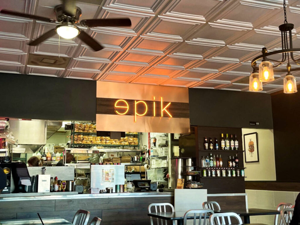 View of the minimalist interior of Epik Burger