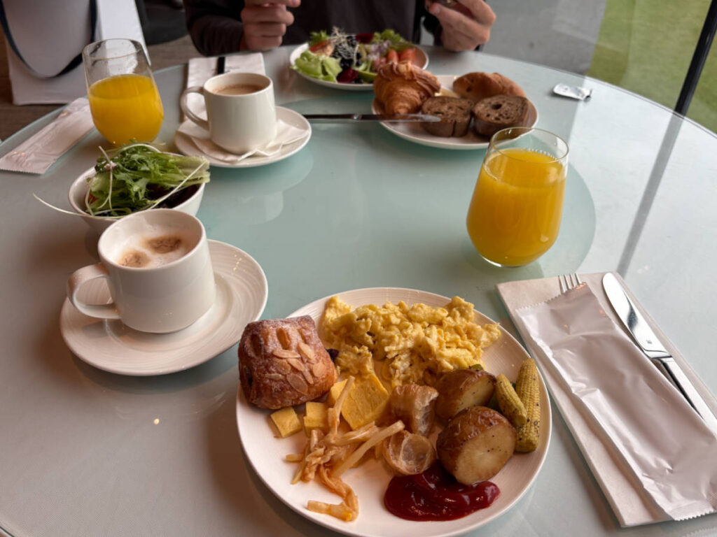 A table with breakfast spread in the hotel