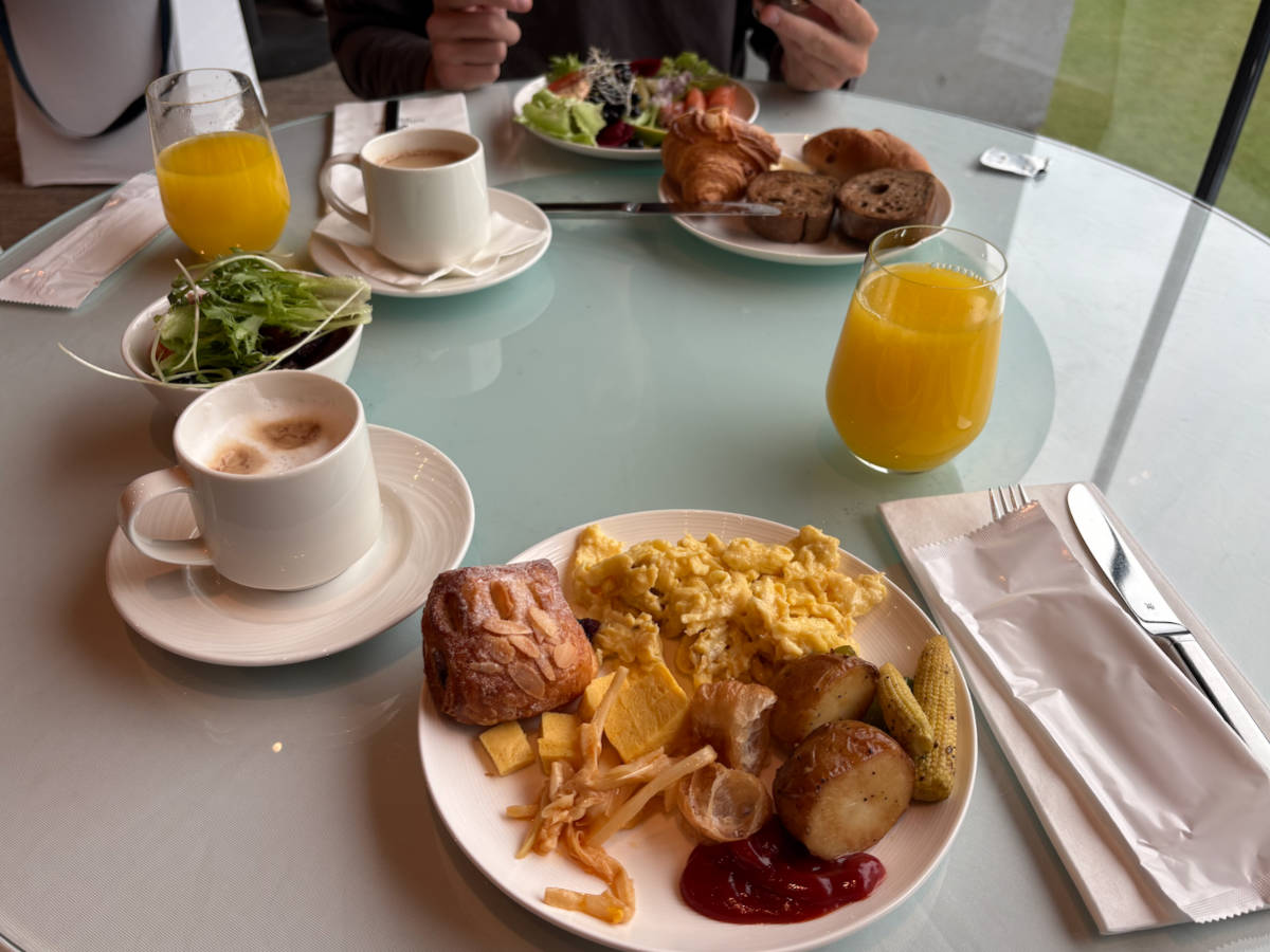 A table with breakfast spread in the hotel