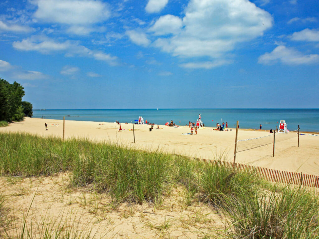 The people enjoying the sandy beach of Evanston