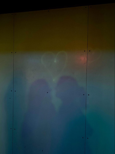 The author, Laura McFarland and her partner's shadow on an exhibit in Exploratorium