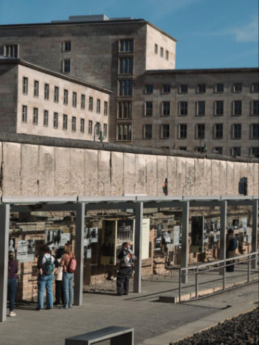 The people wandering around the exterior exhibition at Topographie des Terrors