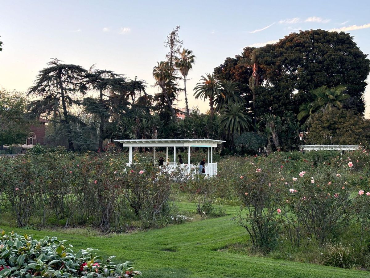 View of the Exposition Park Rose Garden outside the Science Center
