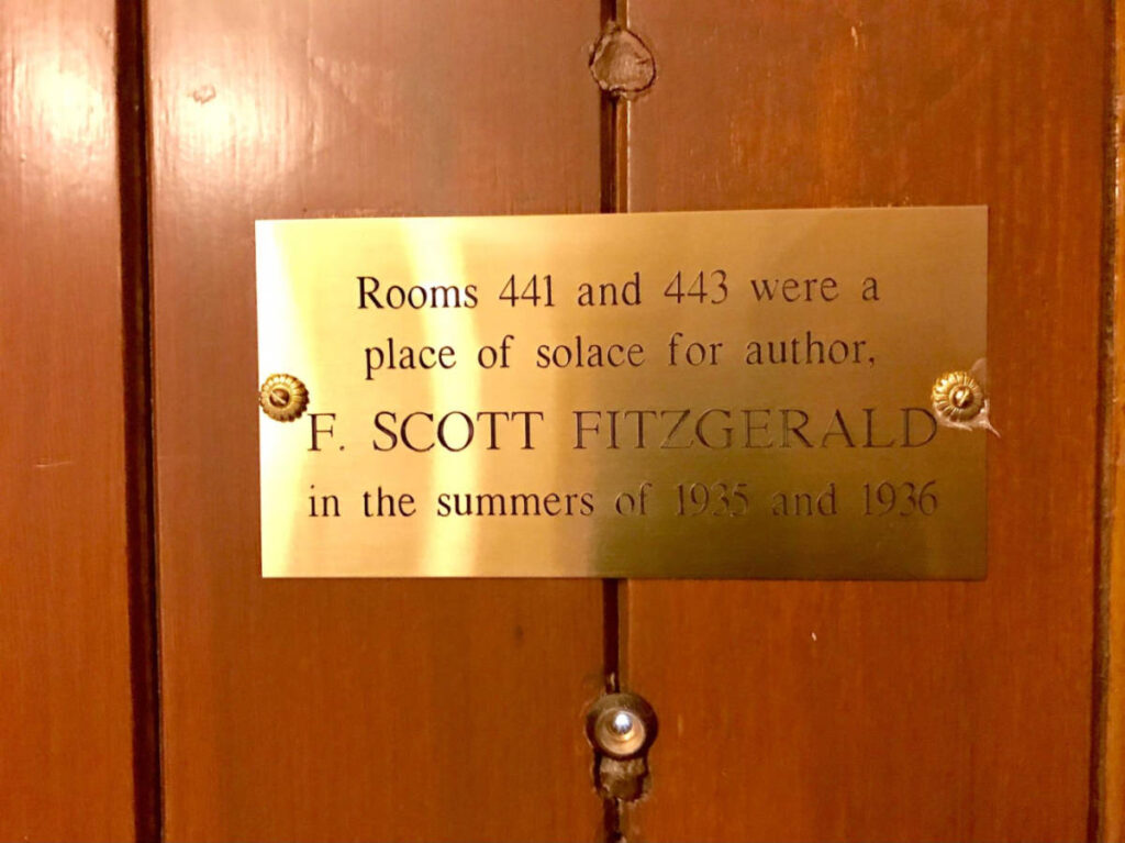 Closeup look of the signage of writer F. Scott Fitzergald stayed at the Grove Park Inn
