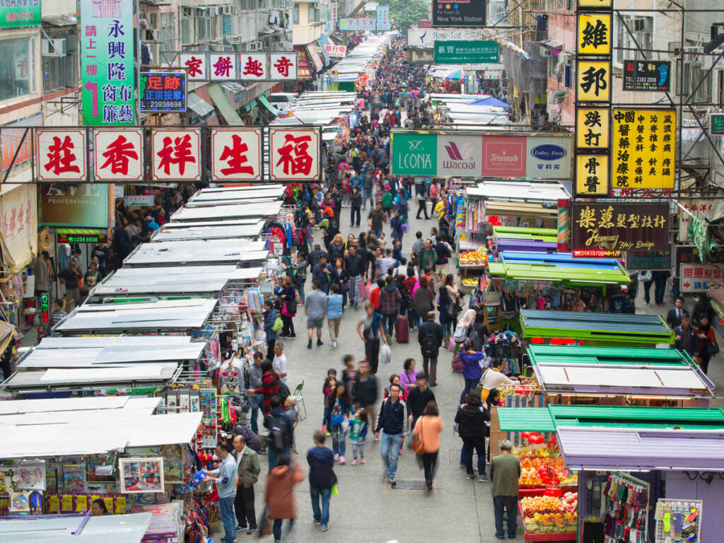 Overlooking view of the bustling Fa Yuen Street Market in Mongkok