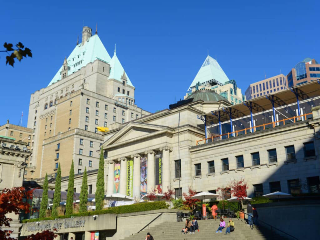 Clear blue sky over the Fairmont Hotel Vancouver building