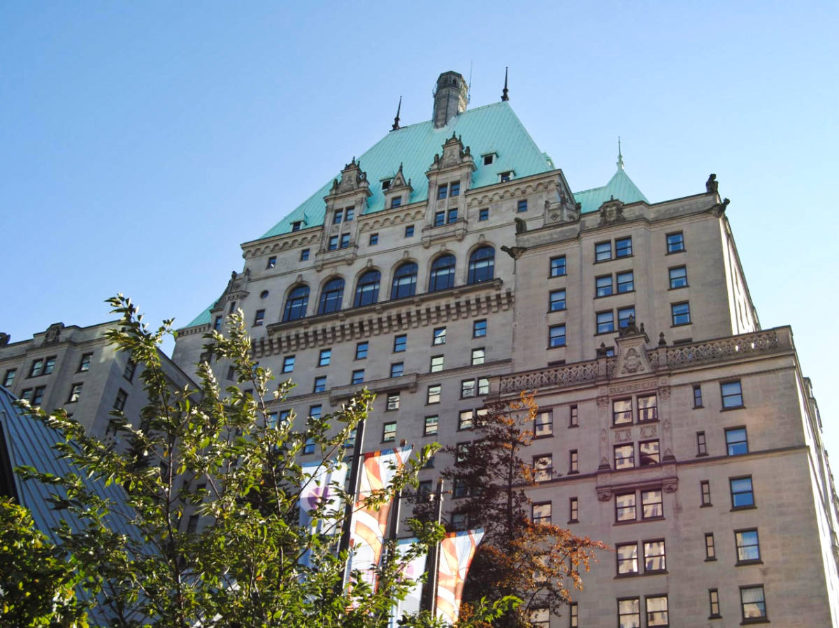 Exterior view of Fairmont Hotel Vancouver from a low angle perspective