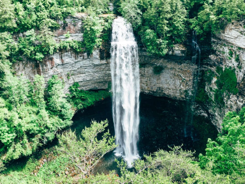 Aerial view of the Fall Creek Falls surrounded by greenery