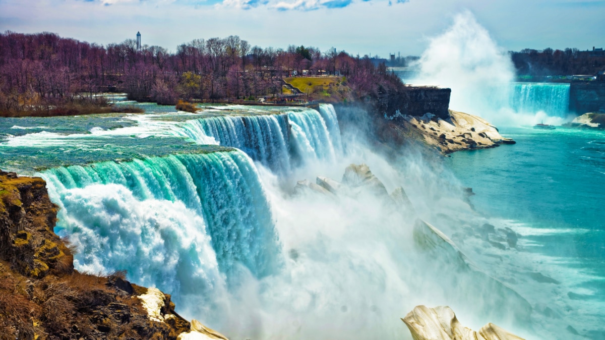 View of the waterfalls and fall foliage in Niagara Falls