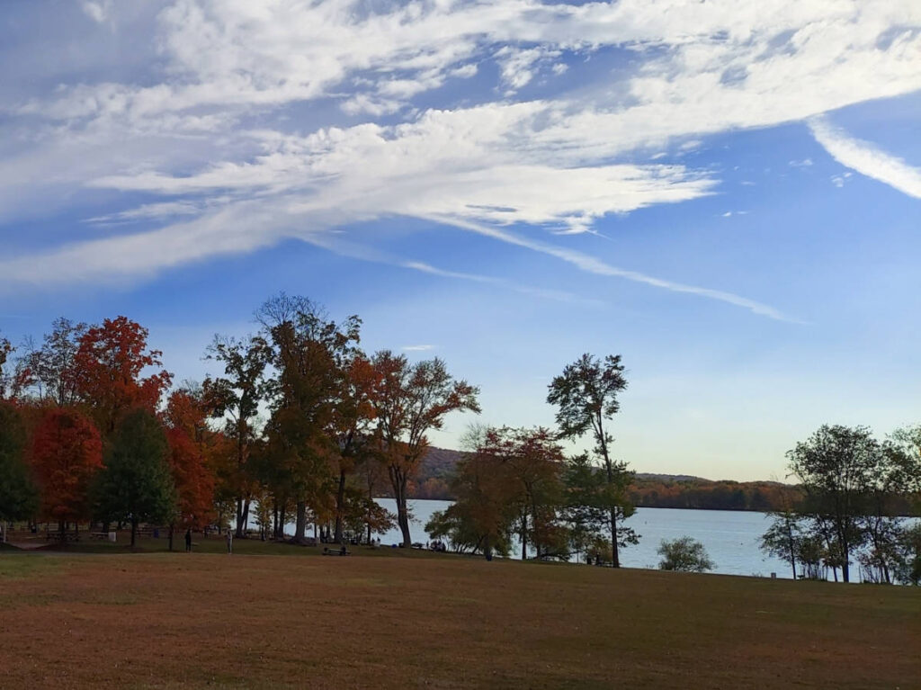 View of the fall foliage around the lake in Rockefeller State Park Preserve