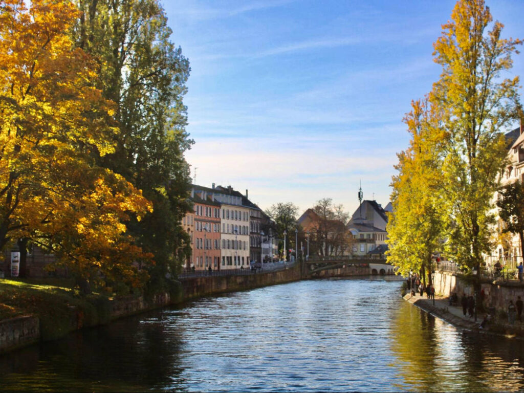 View of the fall foliage around the river in Strasbourg