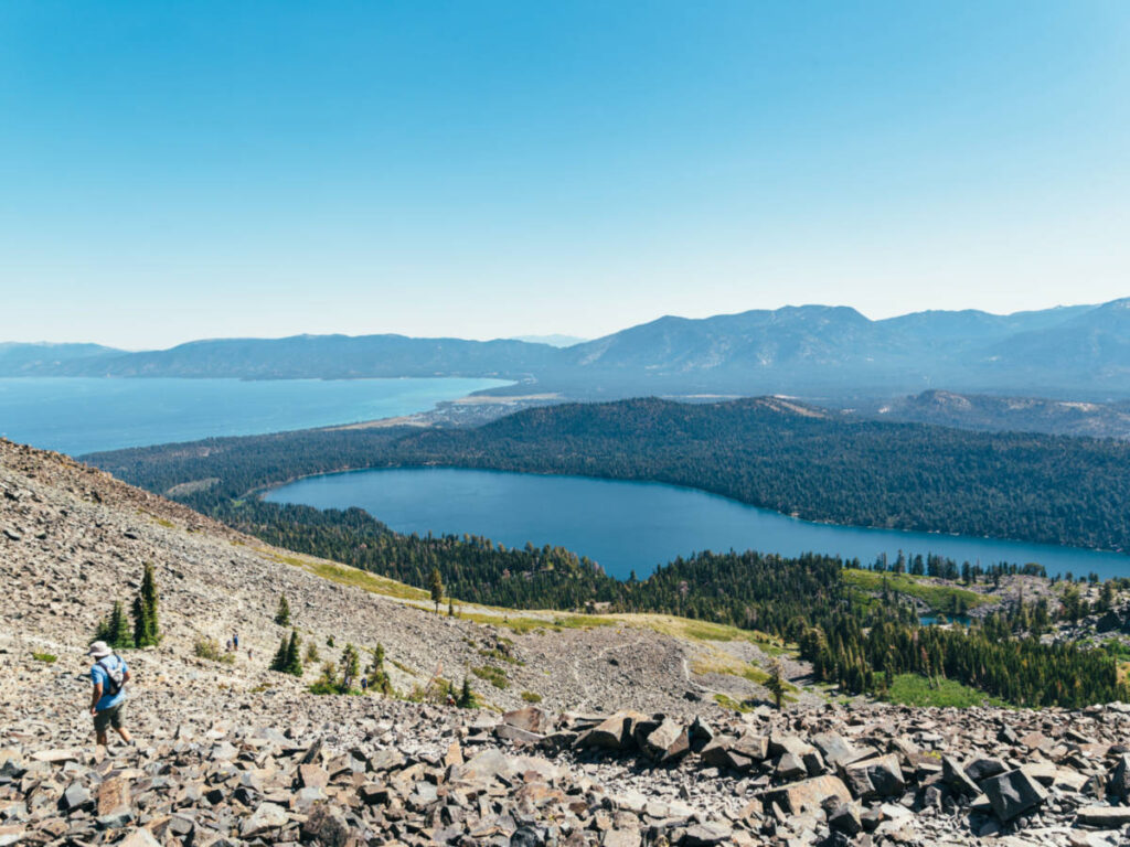 Overlooking view of the Fallen Leaf Lake and Lake Tahoe from the Mt. Tallac trail